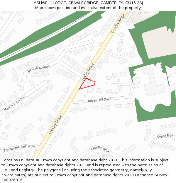 ASHWELL LODGE, CRAWLEY RIDGE, CAMBERLEY, GU15 2AJ: Location map and indicative extent of plot
