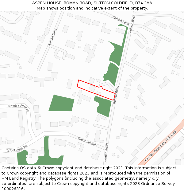 ASPEN HOUSE, ROMAN ROAD, SUTTON COLDFIELD, B74 3AA: Location map and indicative extent of plot