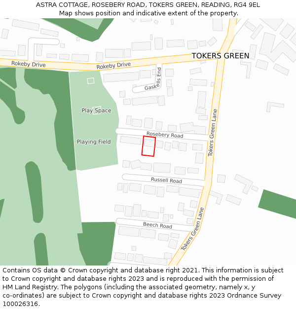 ASTRA COTTAGE, ROSEBERY ROAD, TOKERS GREEN, READING, RG4 9EL: Location map and indicative extent of plot