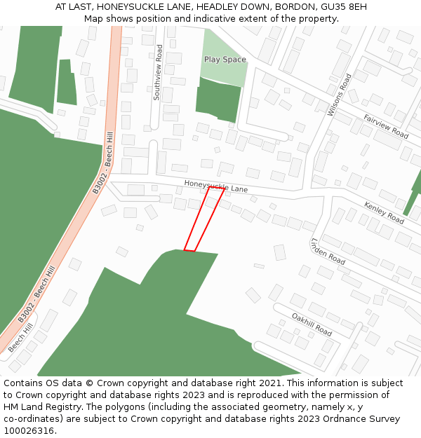 AT LAST, HONEYSUCKLE LANE, HEADLEY DOWN, BORDON, GU35 8EH: Location map and indicative extent of plot