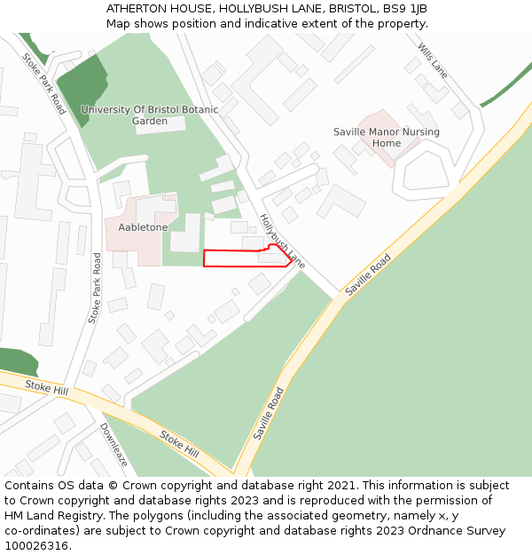 ATHERTON HOUSE, HOLLYBUSH LANE, BRISTOL, BS9 1JB: Location map and indicative extent of plot