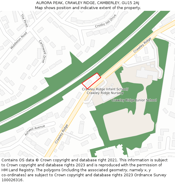 AURORA PEAK, CRAWLEY RIDGE, CAMBERLEY, GU15 2AJ: Location map and indicative extent of plot
