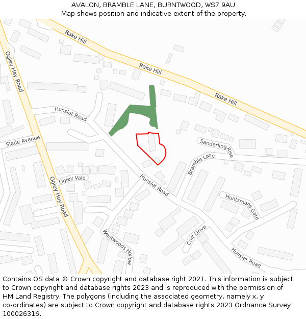 AVALON, BRAMBLE LANE, BURNTWOOD, WS7 9AU: Location map and indicative extent of plot
