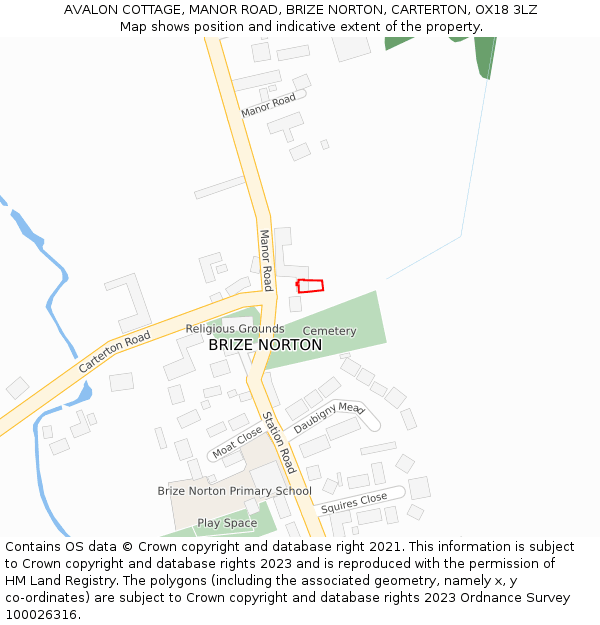 AVALON COTTAGE, MANOR ROAD, BRIZE NORTON, CARTERTON, OX18 3LZ: Location map and indicative extent of plot