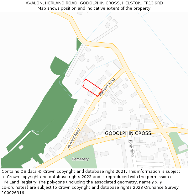 AVALON, HERLAND ROAD, GODOLPHIN CROSS, HELSTON, TR13 9RD: Location map and indicative extent of plot