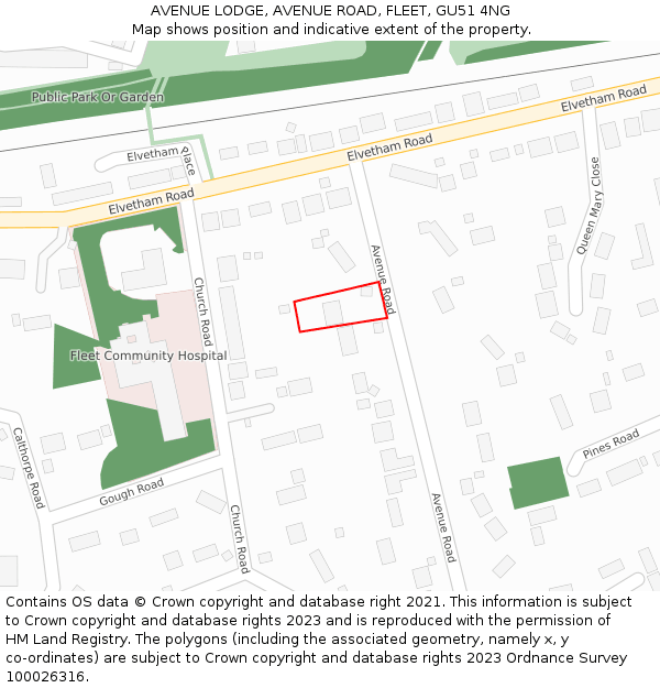 AVENUE LODGE, AVENUE ROAD, FLEET, GU51 4NG: Location map and indicative extent of plot