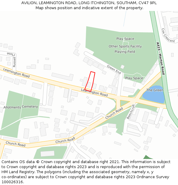 AVILION, LEAMINGTON ROAD, LONG ITCHINGTON, SOUTHAM, CV47 9PL: Location map and indicative extent of plot