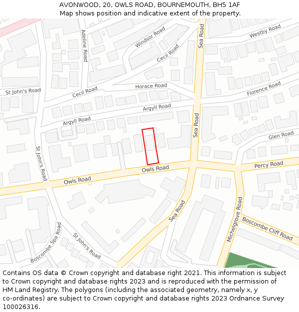 AVONWOOD, 20, OWLS ROAD, BOURNEMOUTH, BH5 1AF: Location map and indicative extent of plot