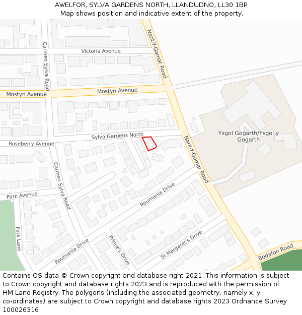 AWELFOR, SYLVA GARDENS NORTH, LLANDUDNO, LL30 1BP: Location map and indicative extent of plot