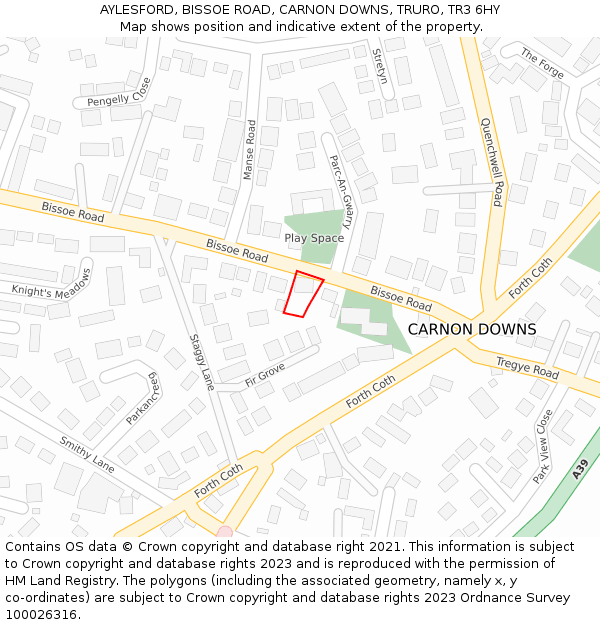 AYLESFORD, BISSOE ROAD, CARNON DOWNS, TRURO, TR3 6HY: Location map and indicative extent of plot
