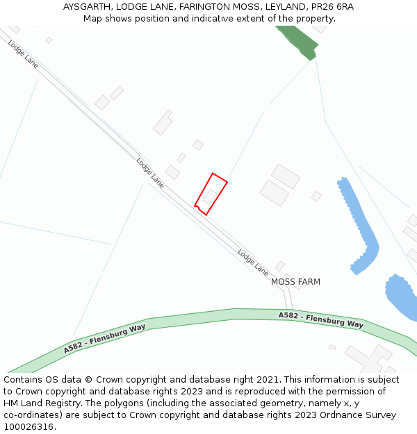 AYSGARTH, LODGE LANE, FARINGTON MOSS, LEYLAND, PR26 6RA: Location map and indicative extent of plot