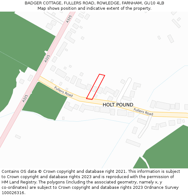 BADGER COTTAGE, FULLERS ROAD, ROWLEDGE, FARNHAM, GU10 4LB: Location map and indicative extent of plot