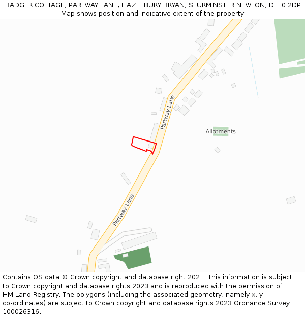 BADGER COTTAGE, PARTWAY LANE, HAZELBURY BRYAN, STURMINSTER NEWTON, DT10 2DP: Location map and indicative extent of plot