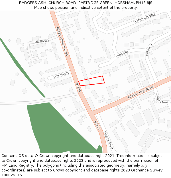 BADGERS ASH, CHURCH ROAD, PARTRIDGE GREEN, HORSHAM, RH13 8JS: Location map and indicative extent of plot