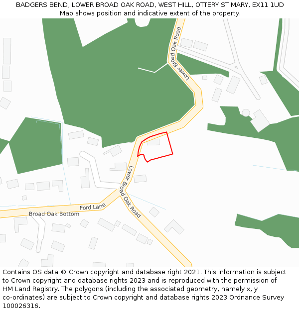 BADGERS BEND, LOWER BROAD OAK ROAD, WEST HILL, OTTERY ST MARY, EX11 1UD: Location map and indicative extent of plot