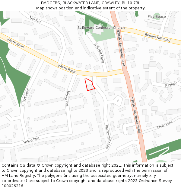 BADGERS, BLACKWATER LANE, CRAWLEY, RH10 7RL: Location map and indicative extent of plot