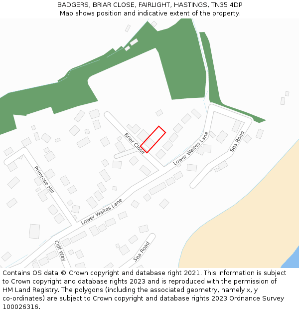 BADGERS, BRIAR CLOSE, FAIRLIGHT, HASTINGS, TN35 4DP: Location map and indicative extent of plot
