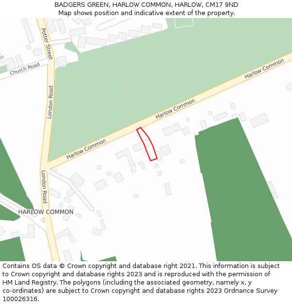 BADGERS GREEN, HARLOW COMMON, HARLOW, CM17 9ND: Location map and indicative extent of plot