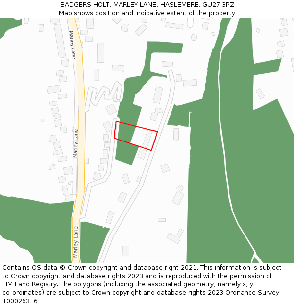 BADGERS HOLT, MARLEY LANE, HASLEMERE, GU27 3PZ: Location map and indicative extent of plot