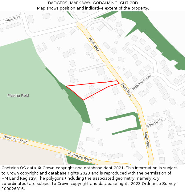 BADGERS, MARK WAY, GODALMING, GU7 2BB: Location map and indicative extent of plot