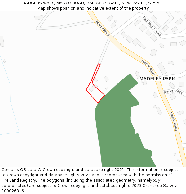 BADGERS WALK, MANOR ROAD, BALDWINS GATE, NEWCASTLE, ST5 5ET: Location map and indicative extent of plot