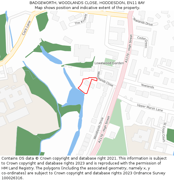 BADGEWORTH, WOODLANDS CLOSE, HODDESDON, EN11 8AY: Location map and indicative extent of plot