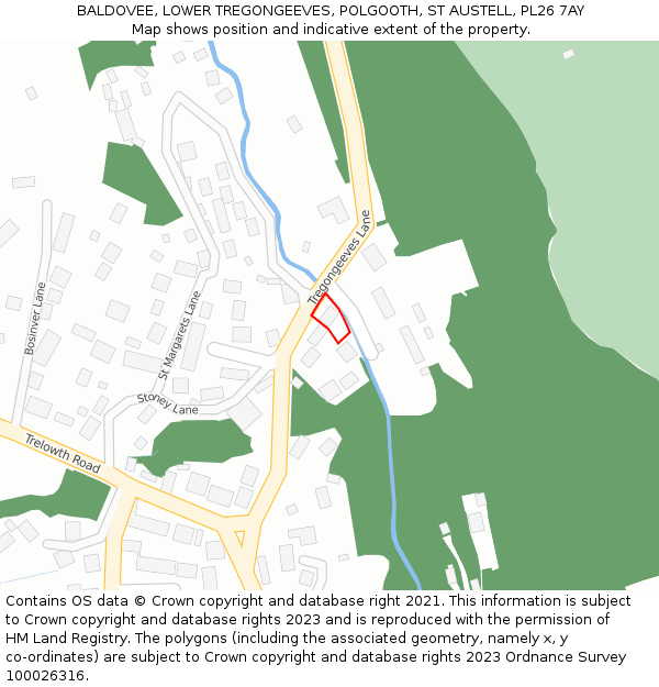 BALDOVEE, LOWER TREGONGEEVES, POLGOOTH, ST AUSTELL, PL26 7AY: Location map and indicative extent of plot
