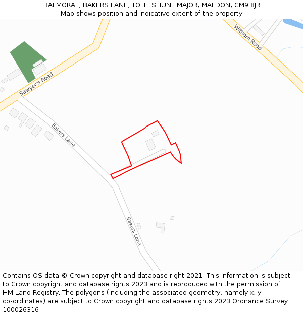 BALMORAL, BAKERS LANE, TOLLESHUNT MAJOR, MALDON, CM9 8JR: Location map and indicative extent of plot