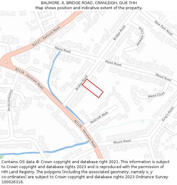 BALMORE, 6, BRIDGE ROAD, CRANLEIGH, GU6 7HH: Location map and indicative extent of plot