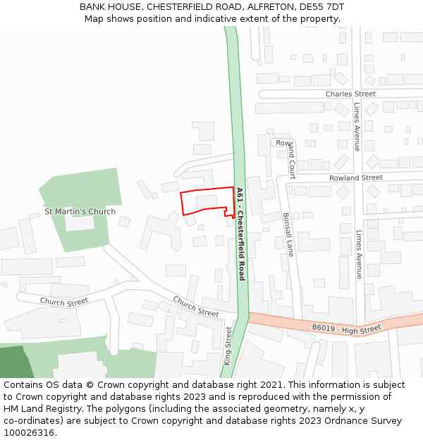 BANK HOUSE, CHESTERFIELD ROAD, ALFRETON, DE55 7DT: Location map and indicative extent of plot