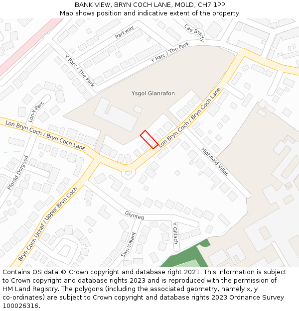 BANK VIEW, BRYN COCH LANE, MOLD, CH7 1PP: Location map and indicative extent of plot