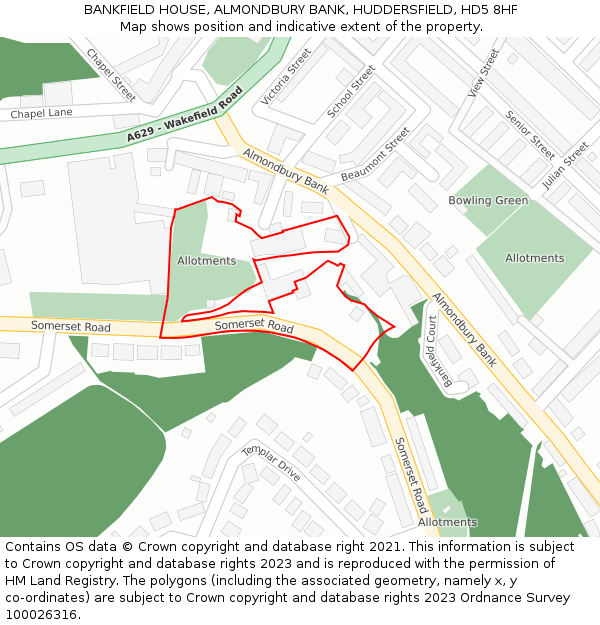 BANKFIELD HOUSE, ALMONDBURY BANK, HUDDERSFIELD, HD5 8HF: Location map and indicative extent of plot