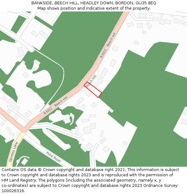 BANKSIDE, BEECH HILL, HEADLEY DOWN, BORDON, GU35 8EQ: Location map and indicative extent of plot