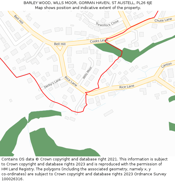 BARLEY WOOD, WILLS MOOR, GORRAN HAVEN, ST AUSTELL, PL26 6JE: Location map and indicative extent of plot