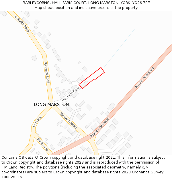 BARLEYCORNS, HALL FARM COURT, LONG MARSTON, YORK, YO26 7PE: Location map and indicative extent of plot