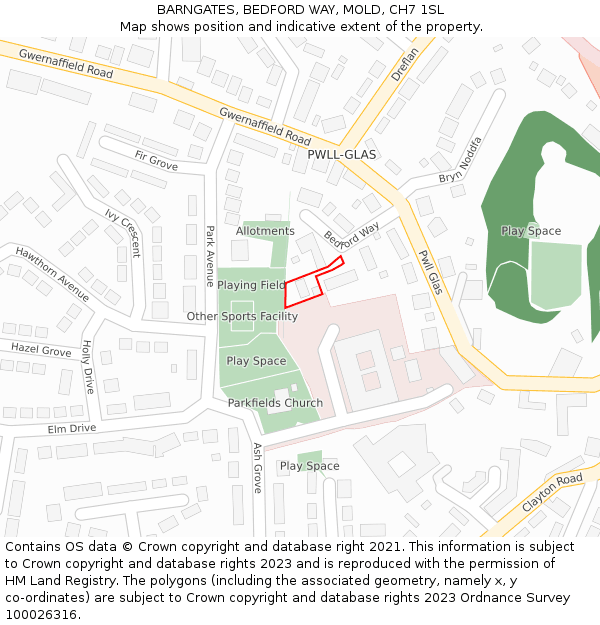 BARNGATES, BEDFORD WAY, MOLD, CH7 1SL: Location map and indicative extent of plot