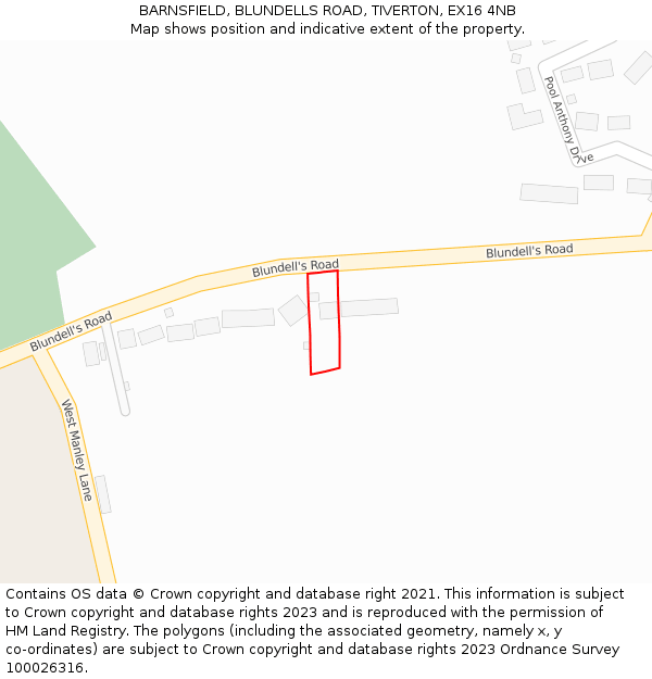 BARNSFIELD, BLUNDELLS ROAD, TIVERTON, EX16 4NB: Location map and indicative extent of plot