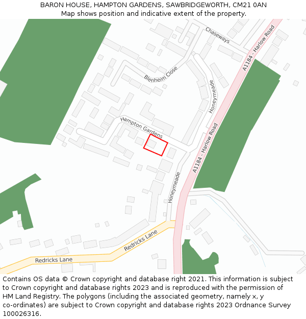 BARON HOUSE, HAMPTON GARDENS, SAWBRIDGEWORTH, CM21 0AN: Location map and indicative extent of plot