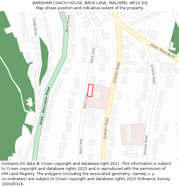 BARSHAM COACH HOUSE, BACK LANE, MALVERN, WR14 2HJ: Location map and indicative extent of plot
