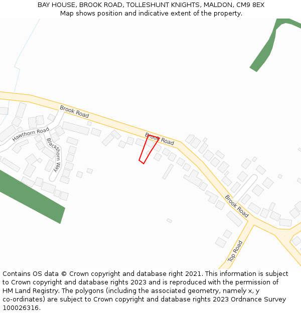 BAY HOUSE, BROOK ROAD, TOLLESHUNT KNIGHTS, MALDON, CM9 8EX: Location map and indicative extent of plot