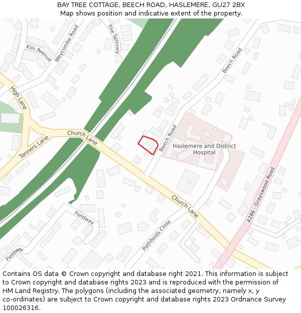 BAY TREE COTTAGE, BEECH ROAD, HASLEMERE, GU27 2BX: Location map and indicative extent of plot