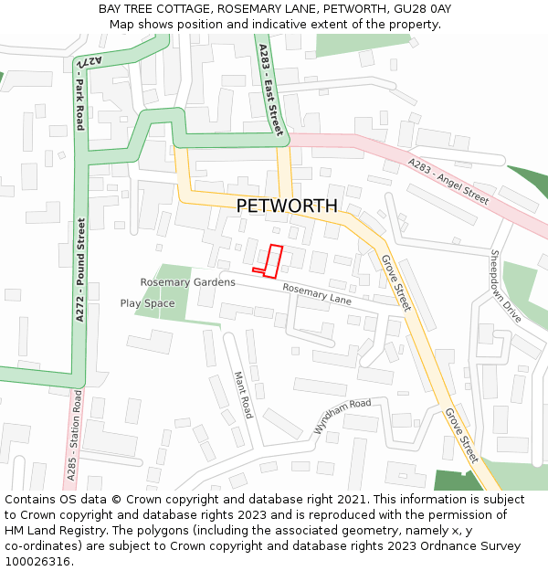 BAY TREE COTTAGE, ROSEMARY LANE, PETWORTH, GU28 0AY: Location map and indicative extent of plot