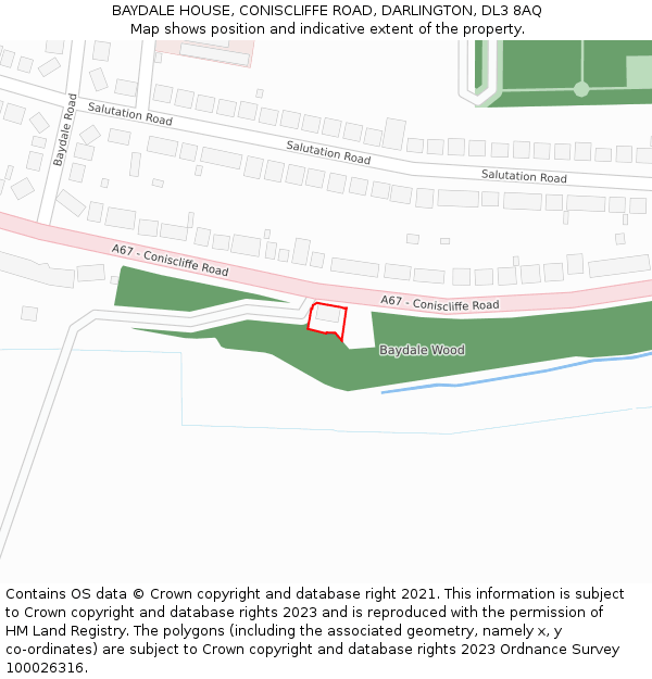 BAYDALE HOUSE, CONISCLIFFE ROAD, DARLINGTON, DL3 8AQ: Location map and indicative extent of plot