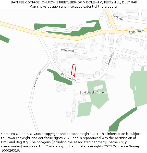 BAYTREE COTTAGE, CHURCH STREET, BISHOP MIDDLEHAM, FERRYHILL, DL17 9AF: Location map and indicative extent of plot