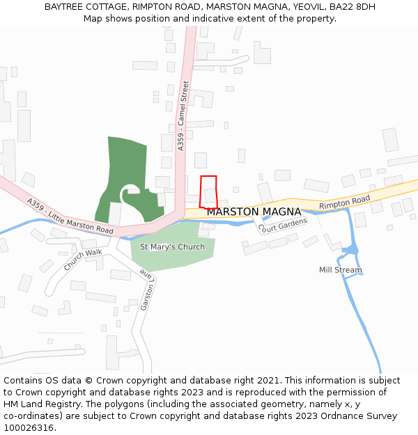 BAYTREE COTTAGE, RIMPTON ROAD, MARSTON MAGNA, YEOVIL, BA22 8DH: Location map and indicative extent of plot