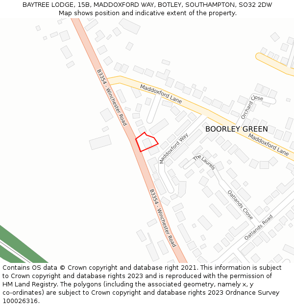 BAYTREE LODGE, 15B, MADDOXFORD WAY, BOTLEY, SOUTHAMPTON, SO32 2DW: Location map and indicative extent of plot