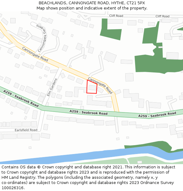 BEACHLANDS, CANNONGATE ROAD, HYTHE, CT21 5PX: Location map and indicative extent of plot