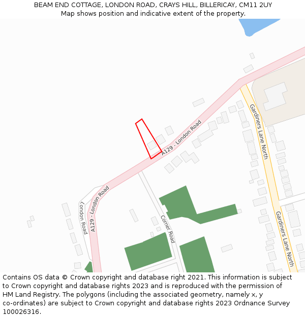 BEAM END COTTAGE, LONDON ROAD, CRAYS HILL, BILLERICAY, CM11 2UY: Location map and indicative extent of plot