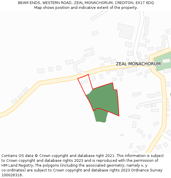 BEAM ENDS, WESTERN ROAD, ZEAL MONACHORUM, CREDITON, EX17 6DQ: Location map and indicative extent of plot