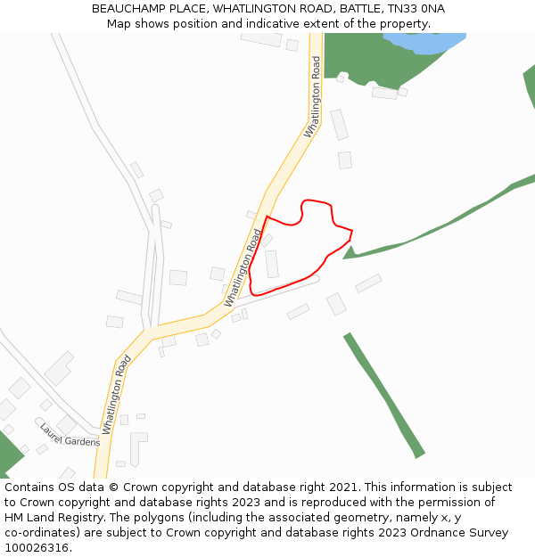 BEAUCHAMP PLACE, WHATLINGTON ROAD, BATTLE, TN33 0NA: Location map and indicative extent of plot